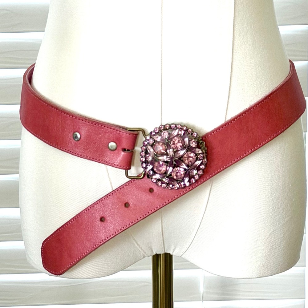 VTG B-Low The Belt Pink Leather Rhinestone Buckle Belt Y2K Boho Western Sz 32 - Picture 3 of 11